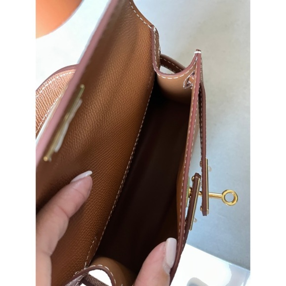 Brown Genuine Leather Mini Top Handle Crossbody Bag Gold Hardware Classic Chic - Picture 7 of 12